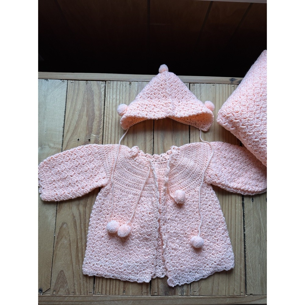 Vintage Baby Pink/Peach Knitted / Crocheted Sweater Hat And Blanket Set - Picture 2 of 12